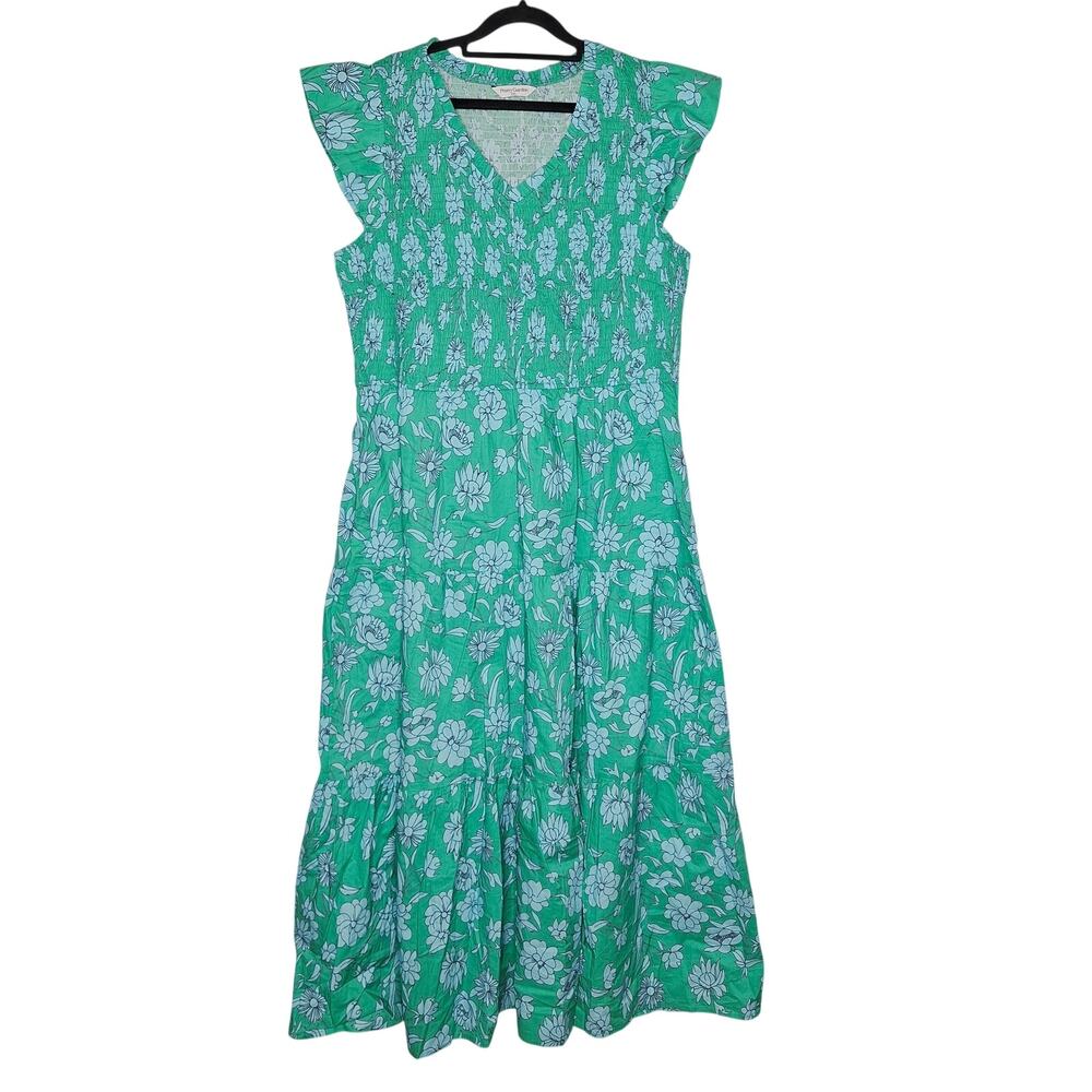 Floral Tiered Boho Maxi Dress 100% Cotton XXL Flutter Sleeve Smocked Resort